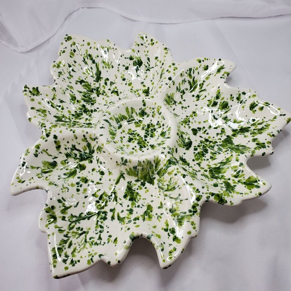 VTG Holland Mold Ceramic Serving Dish Tray 1972 Green & White Poinsettia Shape - Picture 6 of 14
